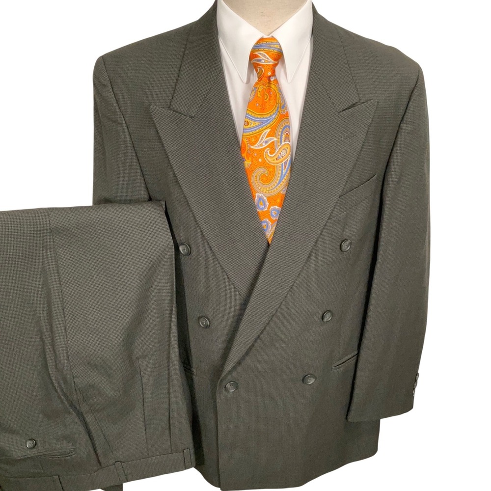 Domani Uomo Suit Mens 44R  Olive Green Check Double Breasted Italian Wool VTG